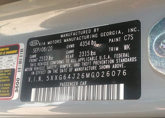 2021 KIA K5(VIN: 5XXG64J26MG026076