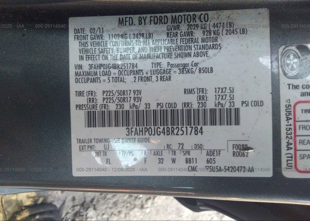 3FAHP0JG4BR251784 2011 FORD FUSION