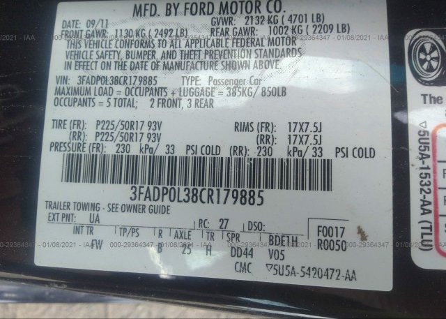 3FADP0L38CR179885 2012 FORD FUSION