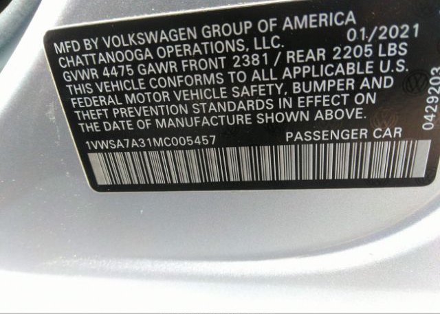 2021 VOLKSWAGEN PASSAT(VIN: 1VWSA7A31MC005457