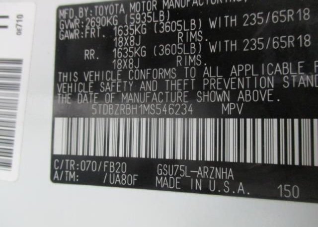 2021 TOYOTA HIGHLANDER(VIN: 5TDBZRBH1MS546234