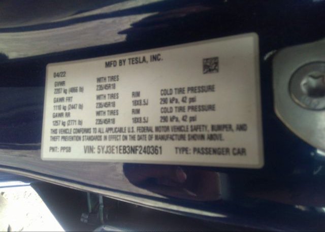 2022 TESLA MODEL 3(VIN: 5YJ3E1EB3NF240361