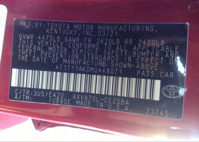 2021 TOYOTA CAMRY(VIN: 4T1T11AK0MU448071