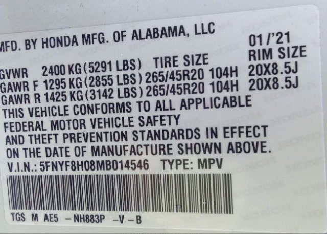2021 HONDA PASSPORT(VIN: 5FNYF8H08MB014546