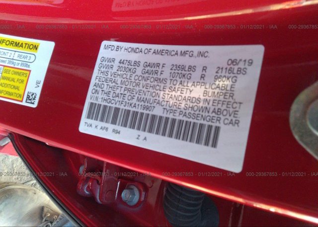 1HGCV1F31KA119907 2019 HONDA ACCORD SEDAN
