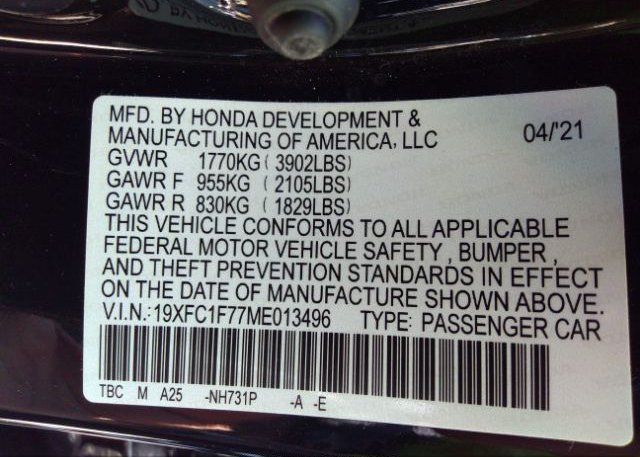 2021 HONDA CIVIC SEDAN(VIN: 19XFC1F77ME013496