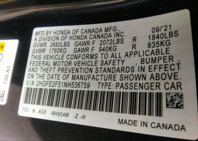 2022 HONDA CIVIC SEDAN(VIN: 2HGFE2F51NH536759
