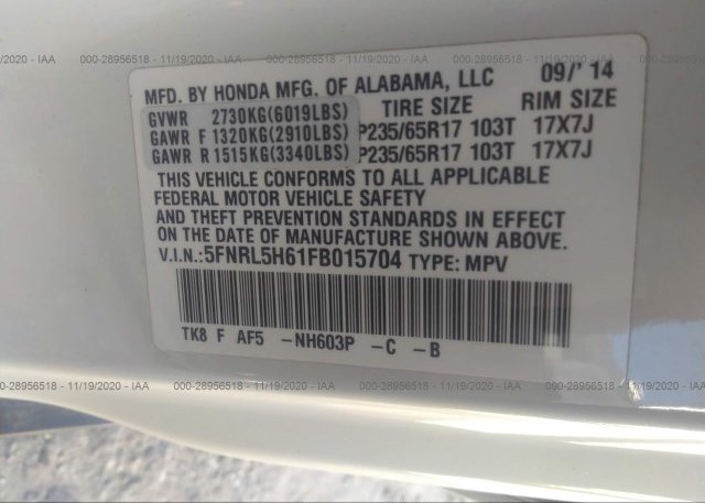 5FNRL5H61FB015704 2015 HONDA ODYSSEY