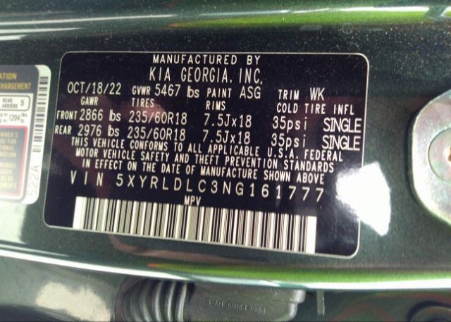 2022 KIA SORENTO(VIN: 5XYRLDLC3NG161777