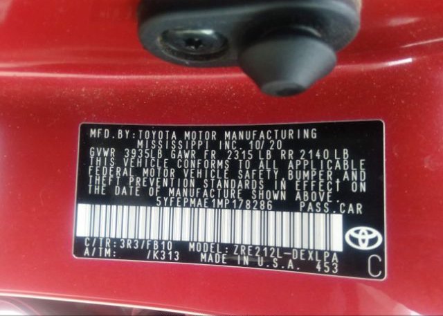 2021 TOYOTA COROLLA(VIN: 5YFEPMAE1MP178286
