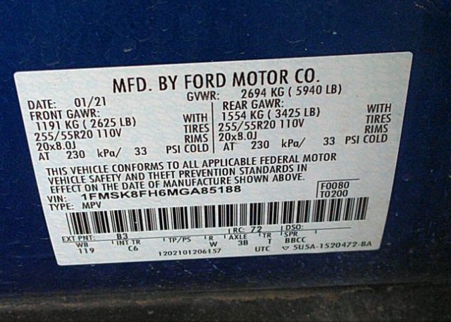2021 FORD EXPLORER(VIN: 1FMSK8FH6MGA85188