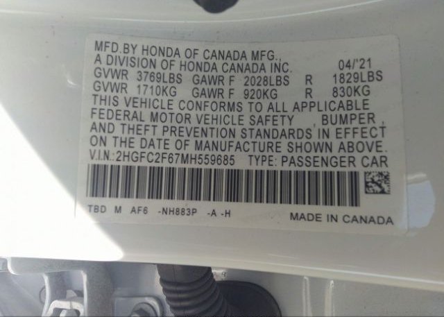 2021 HONDA CIVIC SEDAN(VIN: 2HGFC2F67MH559685