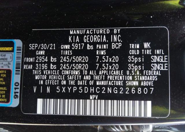 2022 KIA TELLURIDE(VIN: 5XYP5DHC2NG226807