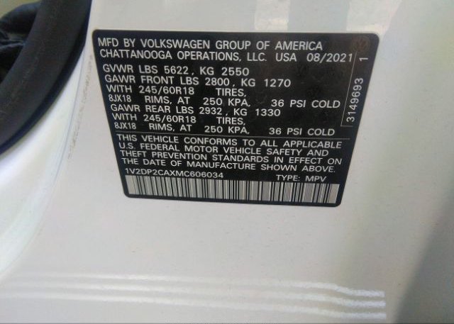 2021 VOLKSWAGEN ATLAS(VIN: 1V2DP2CAXMC606034
