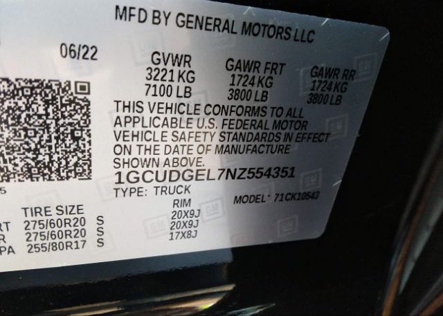 2022 CHEVROLET SILVERADO 1500(VIN: 1GCUDGEL7NZ554351