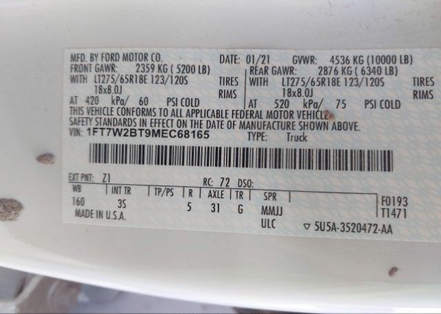 2021 FORD SUPER DUTY F-250 SRW(VIN: 1FT7W2BT9MEC68165