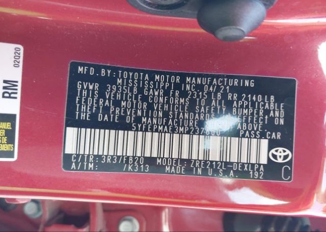 2021 TOYOTA COROLLA(VIN: 5YFEPMAE3MP237600