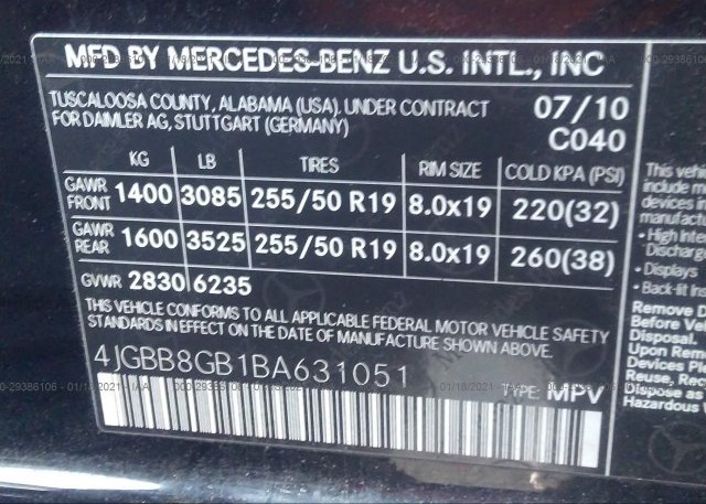 4JGBB8GB1BA631051 2011 MERCEDES-BENZ M-CLASS