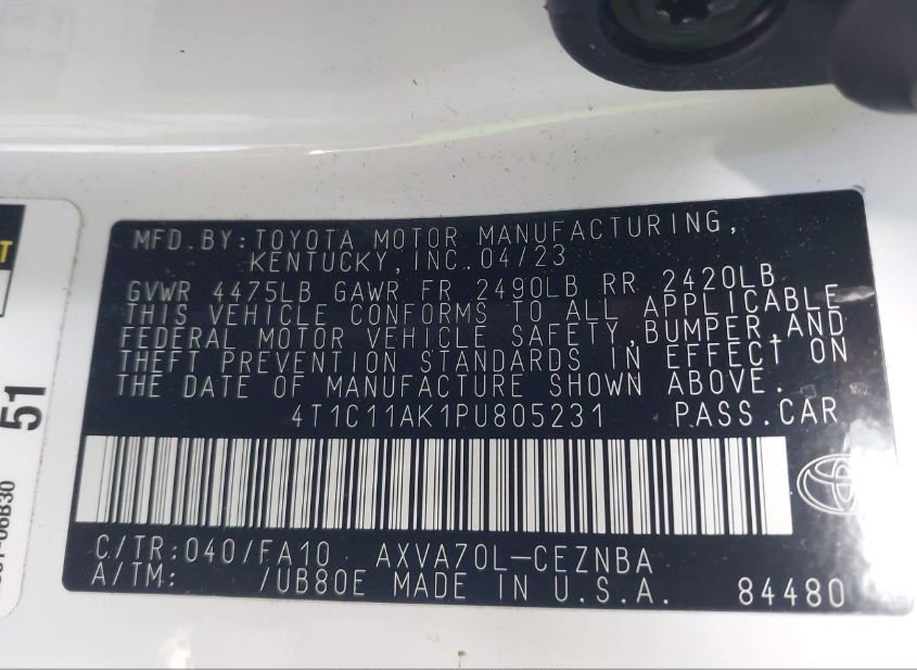 2023 TOYOTA CAMRY LE(VIN: 4T1C11AK1PU805231