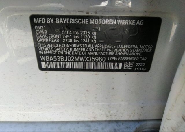 2021 BMW 5 SERIES(VIN: WBA53BJ02MWX35960