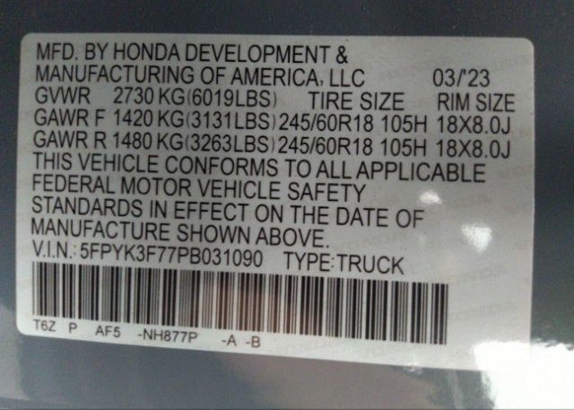 2023 HONDA RIDGELINE(VIN: 5FPYK3F77PB031090