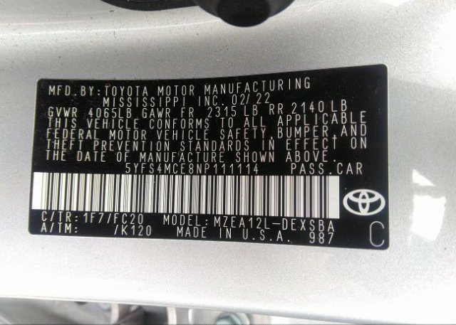 2022 TOYOTA COROLLA(VIN: 5YFS4MCE8NP111114