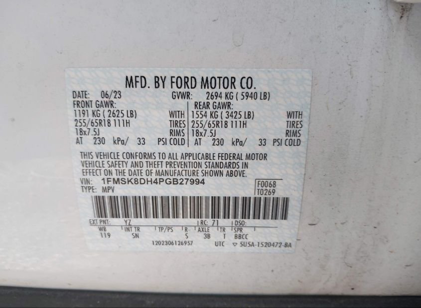 2023 FORD EXPLORER XLT(VIN: 1FMSK8DH4PGB27994