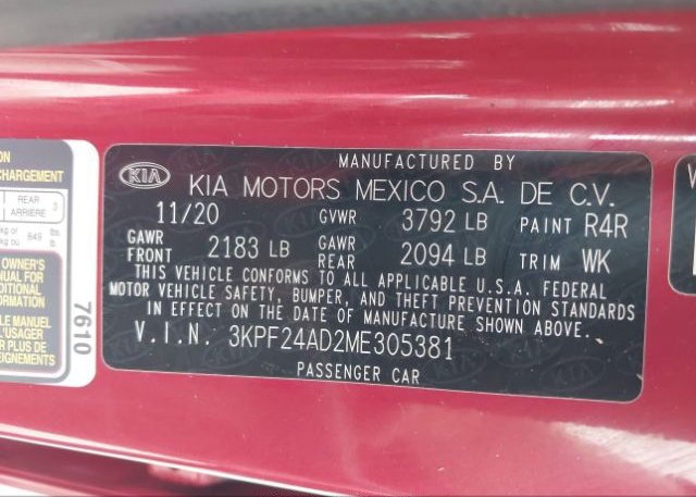 2021 KIA FORTE(VIN: 3KPF24AD2ME305381