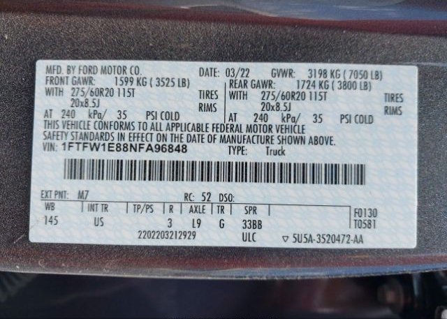 2022 FORD F-150(VIN: 1FTFW1E88NFA96848