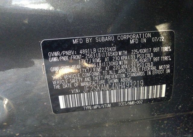 2022 SUBARU FORESTER(VIN: JF2SKAMC4NH493219