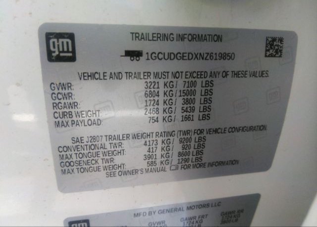 2022 CHEVROLET SILVERADO 1500(VIN: 1GCUDGEDXNZ619850