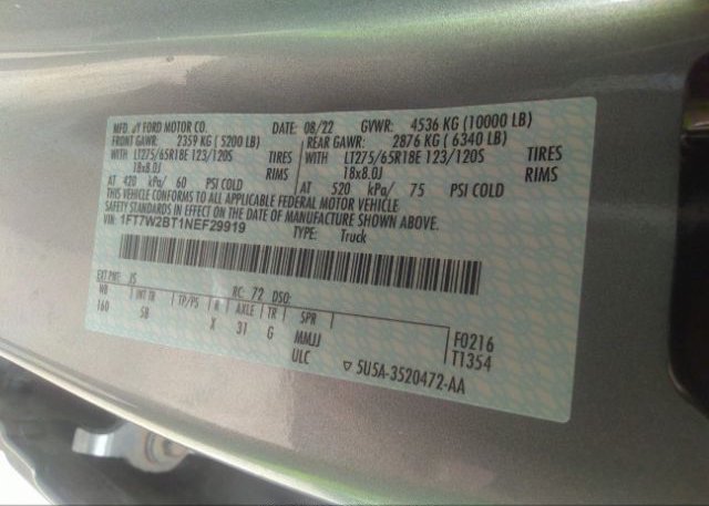 2022 FORD SUPER DUTY F-250 SRW(VIN: 1FT7W2BT1NEF29919