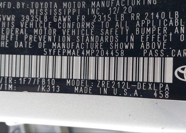 2021 TOYOTA COROLLA(VIN: 5YFEPMAE4MP204458