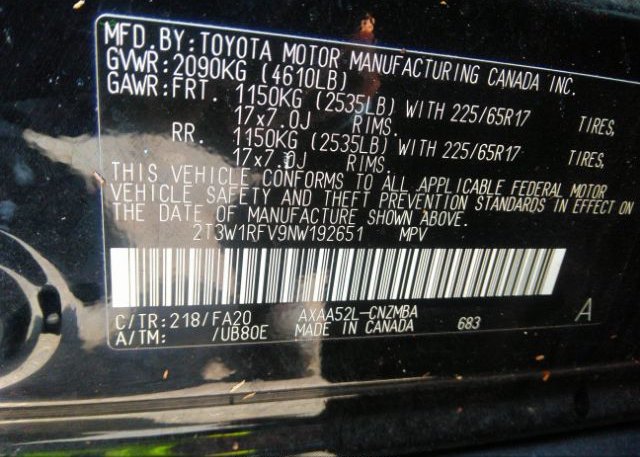 2022 TOYOTA RAV4(VIN: 2T3W1RFV9NW192651