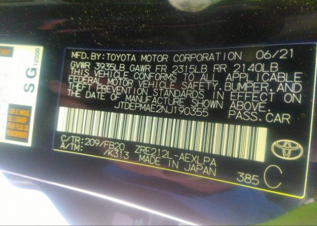 2022 TOYOTA COROLLA(VIN: JTDEPMAE2NJ190355