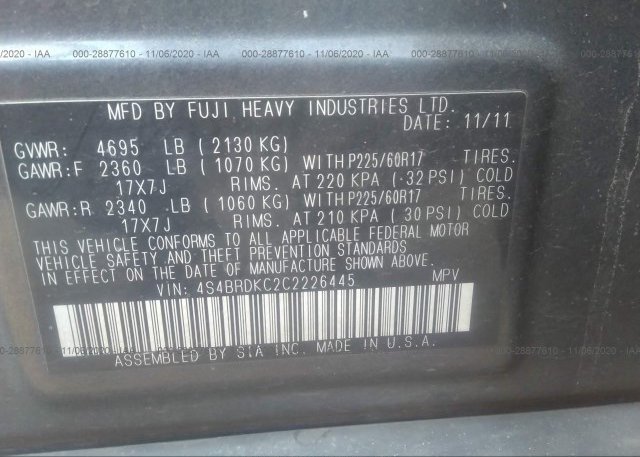4S4BRDKC2C2226445 2012 SUBARU OUTBACK
