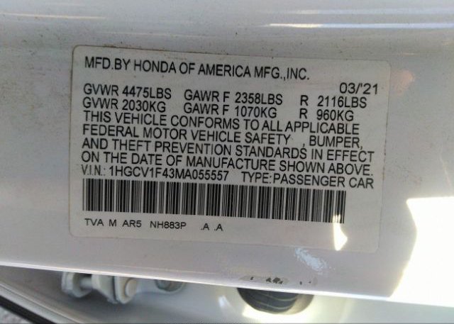 2021 HONDA ACCORD SEDAN(VIN: 1HGCV1F43MA055557