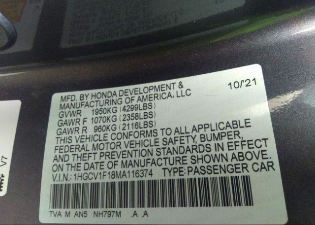 2021 HONDA ACCORD SEDAN(VIN: 1HGCV1F18MA116374