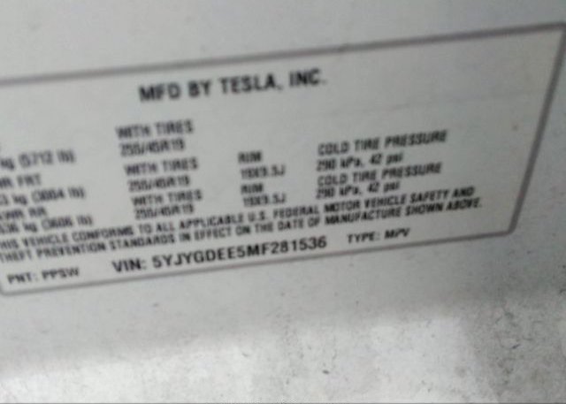 2021 TESLA MODEL Y(VIN: 5YJYGDEE5MF281536
