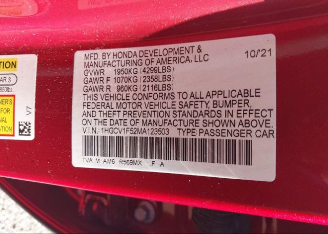 2021 HONDA ACCORD SEDAN(VIN: 1HGCV1F52MA123503