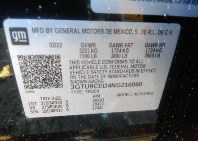 2022 GMC SIERRA 1500 LIMITED(VIN: 3GTU9CED4NG216960