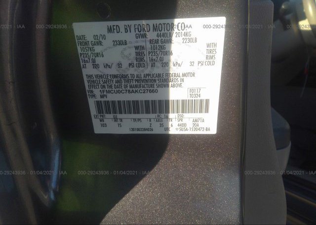 1FMCU0C78AKC27660 2010 FORD ESCAPE