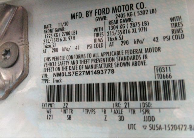 2021 FORD TRANSIT CONNECT VAN(VIN: NM0LS7E27M1493778
