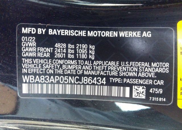 2022 BMW 4 SERIES(VIN: WBA83AP05NCJ86434
