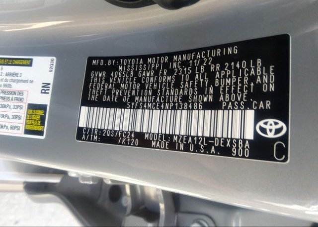 2022 TOYOTA COROLLA(VIN: 5YFS4MCE4NP138486