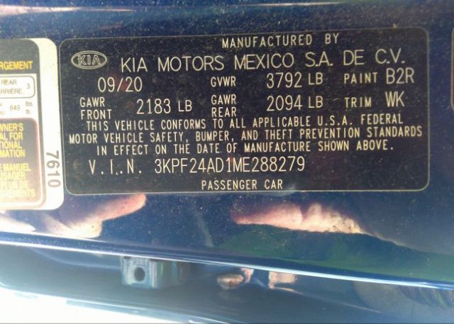 2021 KIA FORTE(VIN: 3KPF24AD1ME288279