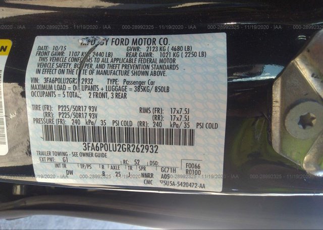3FA6P0LU2GR262932 2016 FORD FUSION