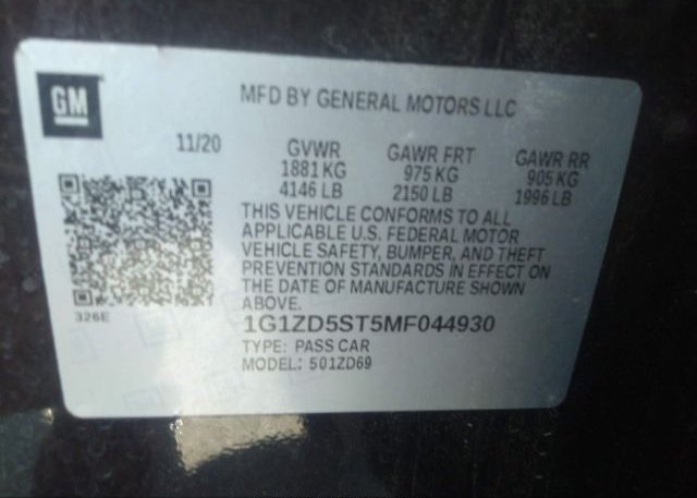 2021 CHEVROLET MALIBU(VIN: 1G1ZD5ST5MF044930