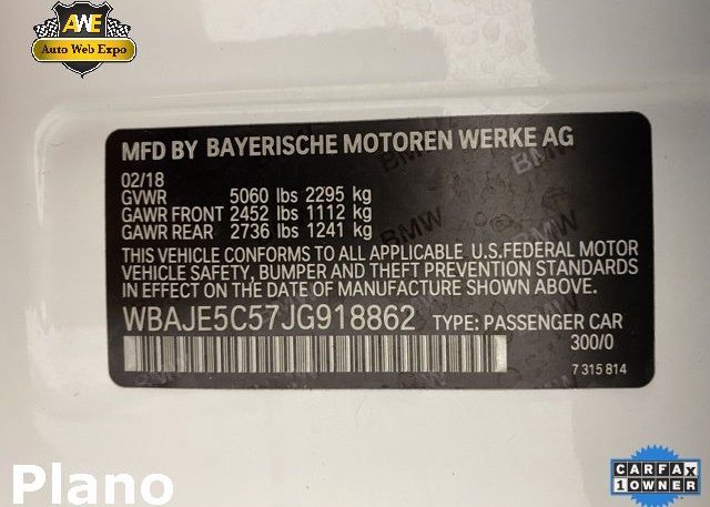 2018 BMW 5 SERIES VIN: WBAJE5C57JG918862