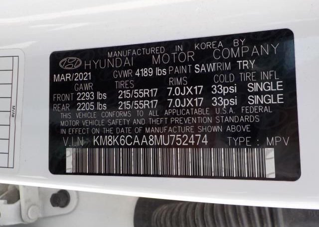 2021 HYUNDAI KONA(VIN: KM8K6CAA8MU752474